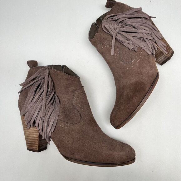 Steve Madden Ohio Brown Suede Boots Women 7.5 Zip Leather Fringe Ankle Booties - Picture 5 of 11